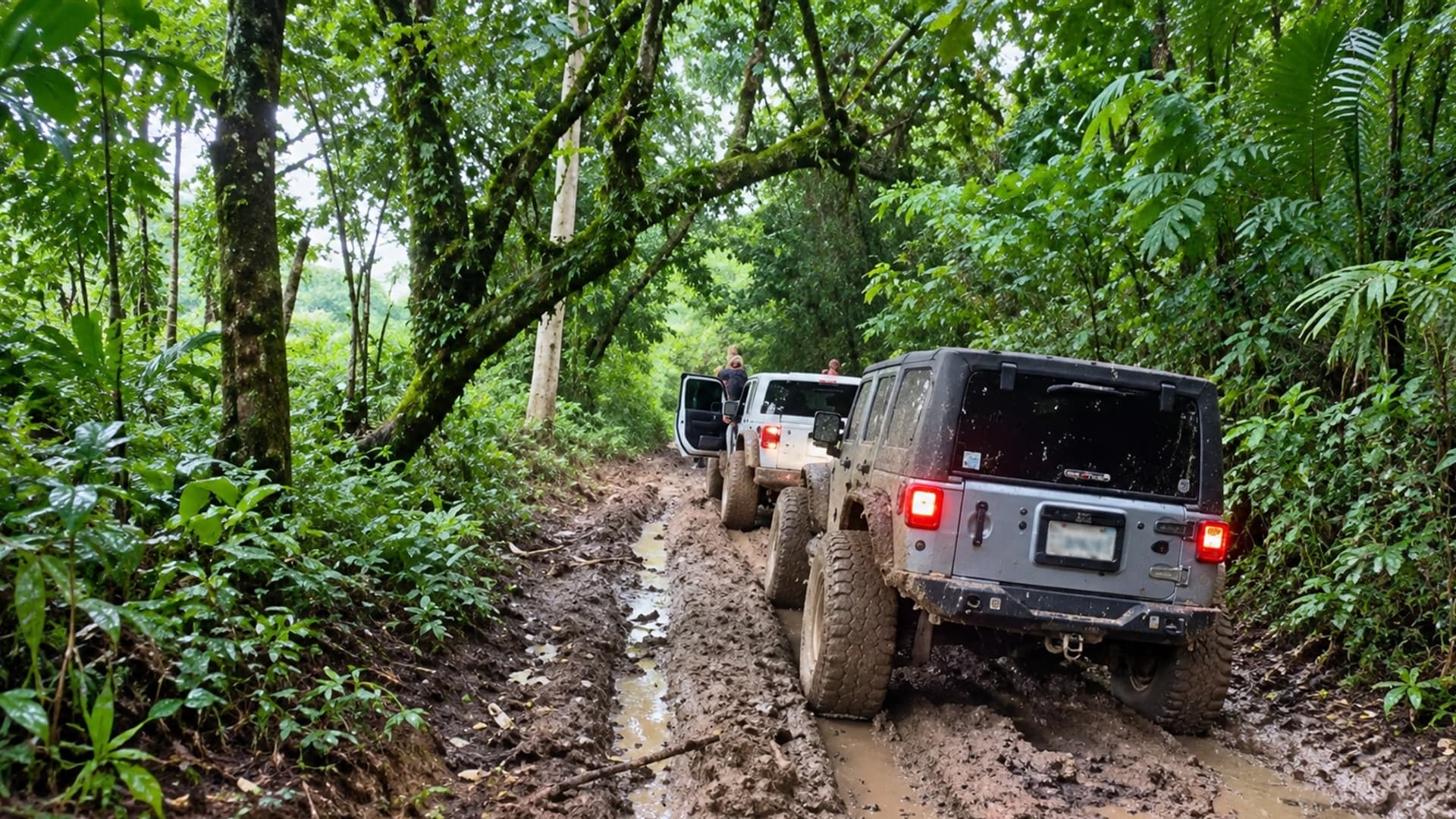 Jeeps avanzando por un camino de barro entre la selva